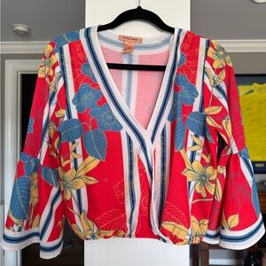 Flying Tomato V-Neck Cropped Blouse with Bell Sleeves